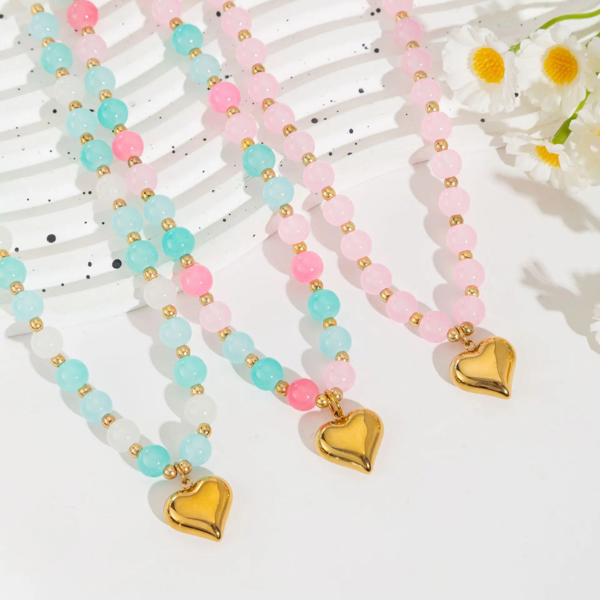 Handmade Rainbow Round Natural Stone Beads Necklace With Stainless Steel Heart Pendant for Women