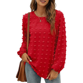 RNSHANGER Autumn Women's Chiffon Blouses Fashion Long Sleeve Crewneck Tops Casual Loose Pompom Shirts for Ladies