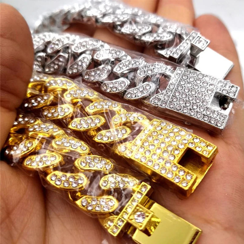 24 Inch Men's Hip Hop Gold Studded Large Heavy Cuban Chain HIP HOP Jewelry Necklaces Fully Diamond Bling Iced Out Chain for Men