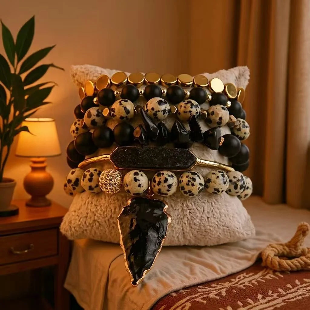 Women Bohemian Jewelry Druzy Bangle 6pc Natural Gemstone Crystal Glass Rhinestone Wood Beads Elastic Druzy Stack Bracelet Set