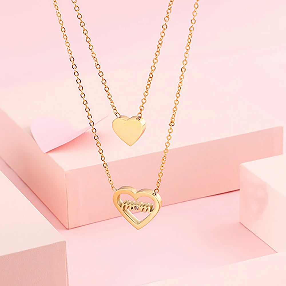Mother'S Day Stainless Steel Jewelry Layered Gold Plated Heart Mom Pendant Mothers Day Gifts Necklace