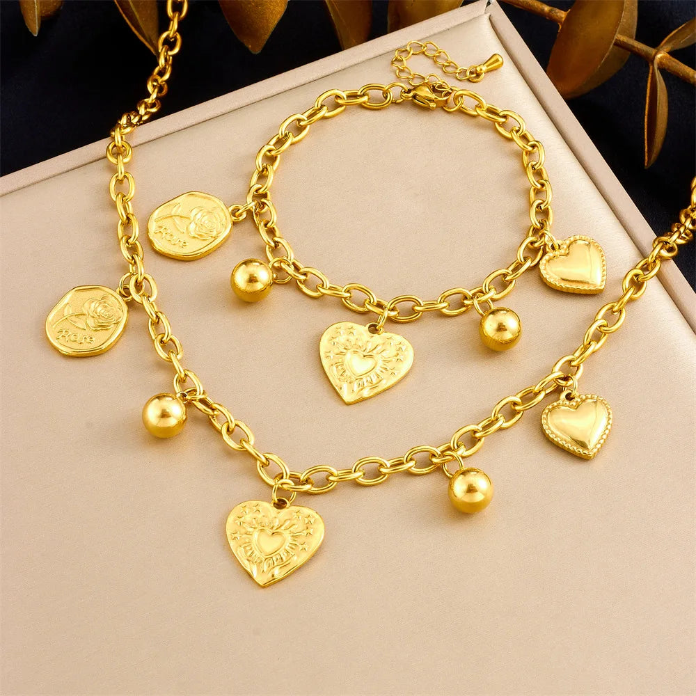New 18k Gold Plated Stainless Steel Heart and Rose Flower Charm Jewelry Set Tarnish Free Necklace Bracelet Set for Women