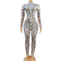 Shiny Long Sleeves Mirror Sequins Rompers Show Stage Dance Leotard Party Night Club Rhinestone Bodysuits Women Bodycon Jumpsuit