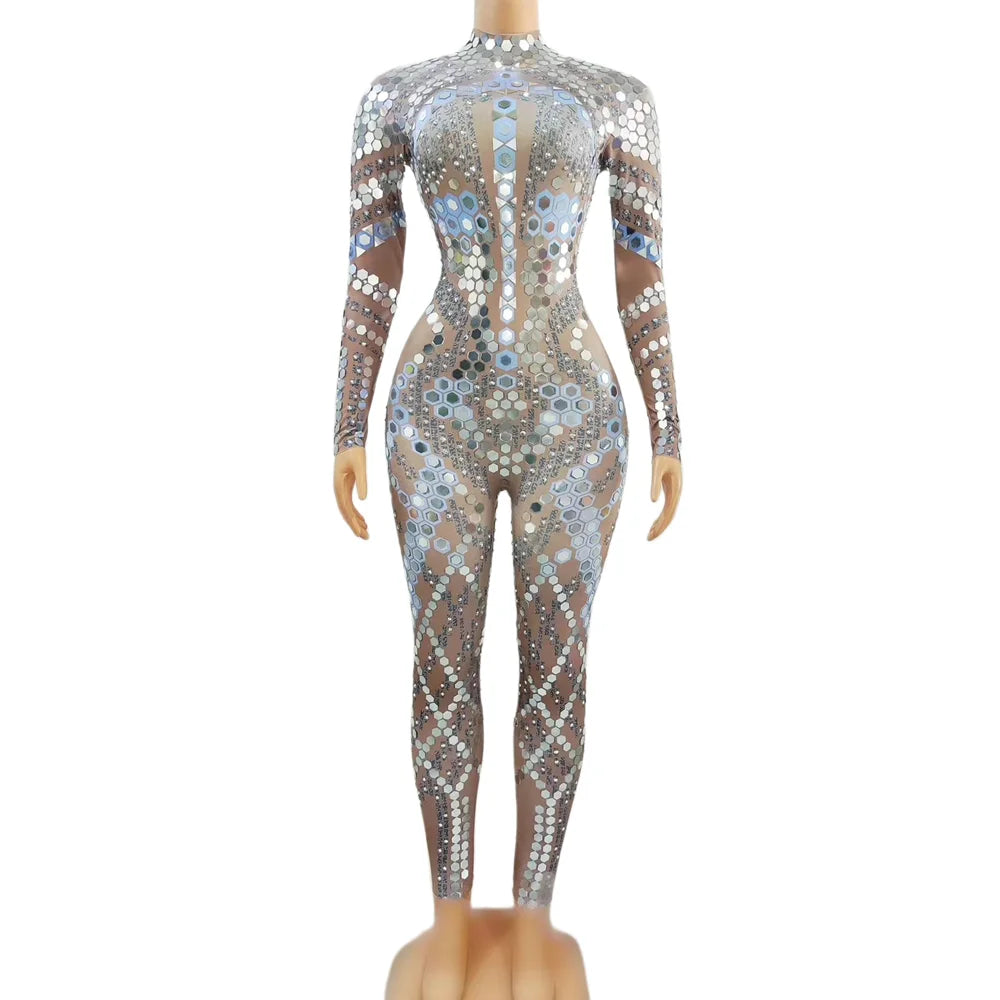 Shiny Long Sleeves Mirror Sequins Rompers Show Stage Dance Leotard Party Night Club Rhinestone Bodysuits Women Bodycon Jumpsuit