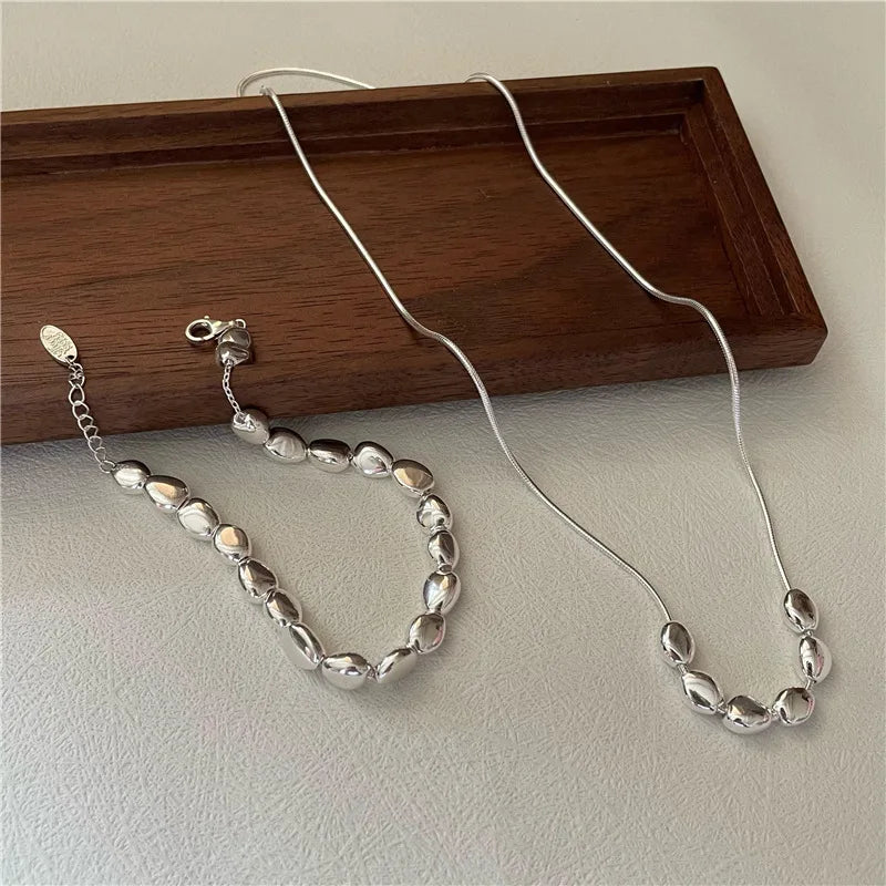 Geometric Luxury Women 925 Sterling Silver Bean Beads Beaded Bracelets Necklaces Fine Jewelry
