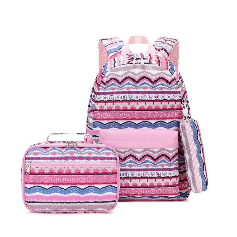 Vintage School Bags for Girls Set Ripple Cute Children School Bags Sets Lunch Bags for School Kids Girls Stripe Backpack