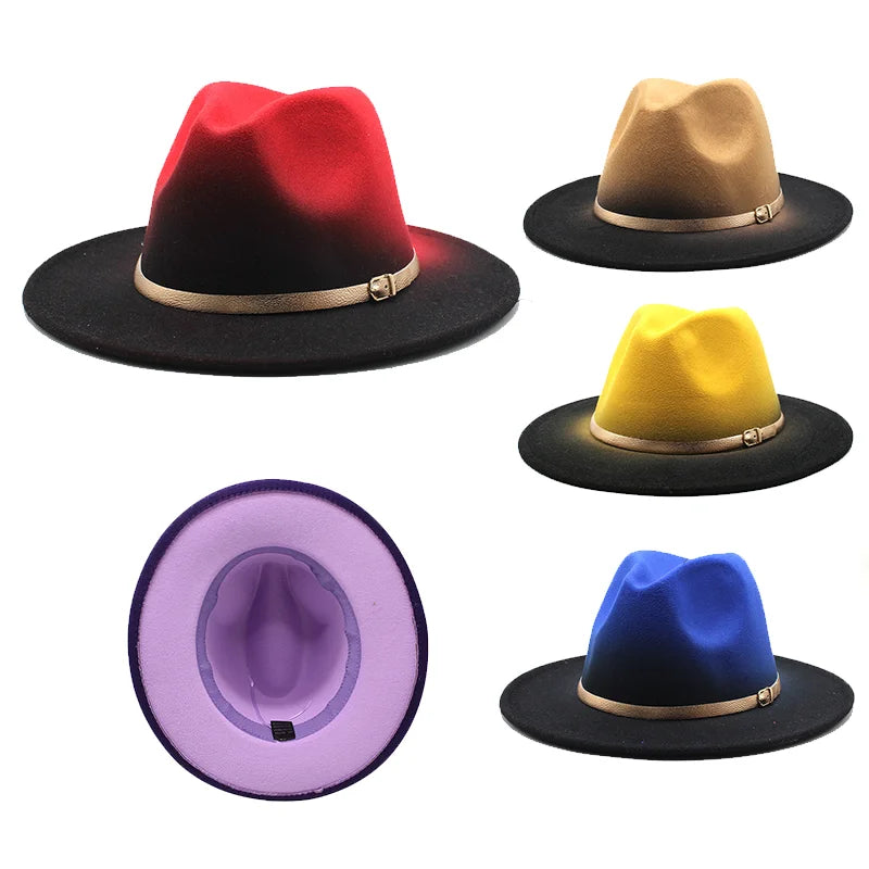 Fashion Ladies Wholesale Spring Gradient Tie Dye Jewish Wide Brim Solid Pink and Green Felt Hat New Fedora Women Men Hats