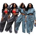 Liu Ming 2024 Fashion Women s Casual Two Piece Long Sleeve Crop Tops and Pants Jeans Set