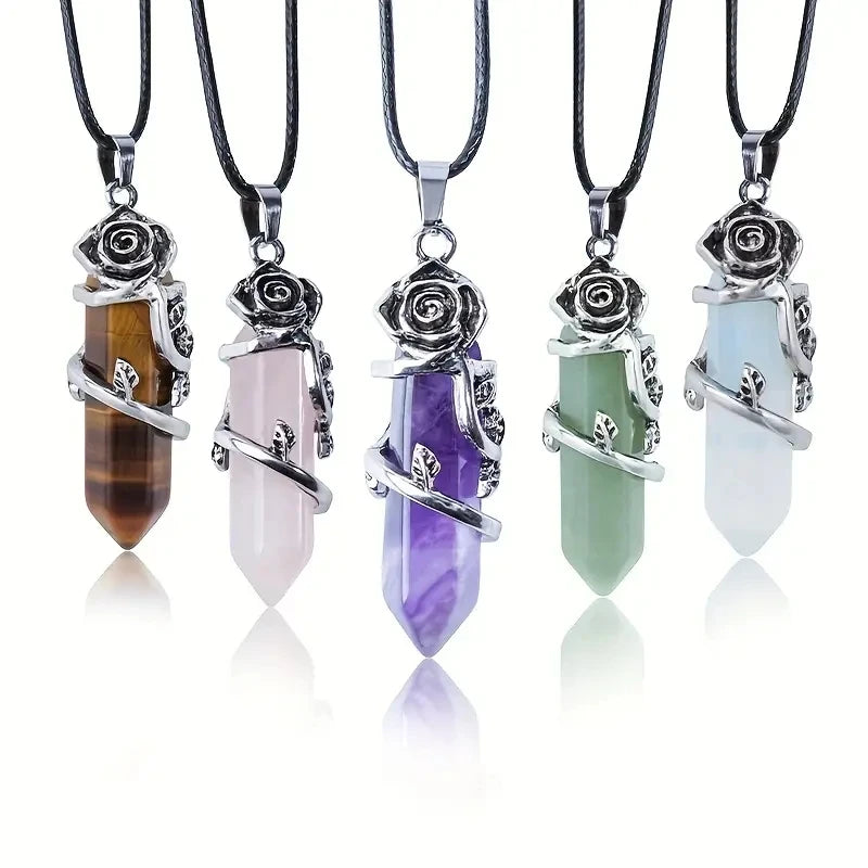 New Style Creativity Crystal Natural Stone Rose Quartz Rose Pendant Gemstone Crystal Pendant Necklace for Women