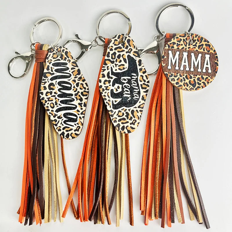 Western Style Mom Leopard Print Hotel Keyring MAMA Leather Tassel Keychain for Mother's Day Gift
