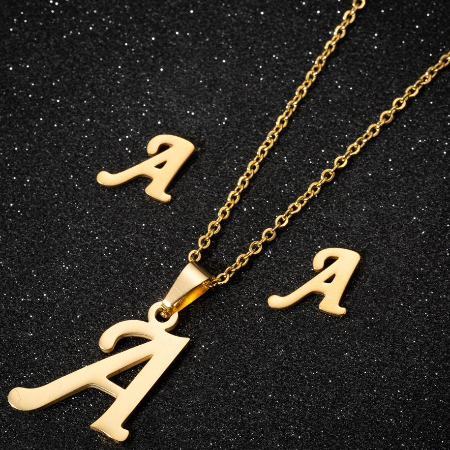 Fashion Non Tarnish Silver 18K Gold Plated A-Z Alphabet Stainless Steel Women 26 Letter Initial Earring Necklace Jewelry Set