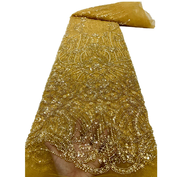 Gold Beads Embroidery Crystal Lace Fabric French Tulle Lace Fabric for Dress