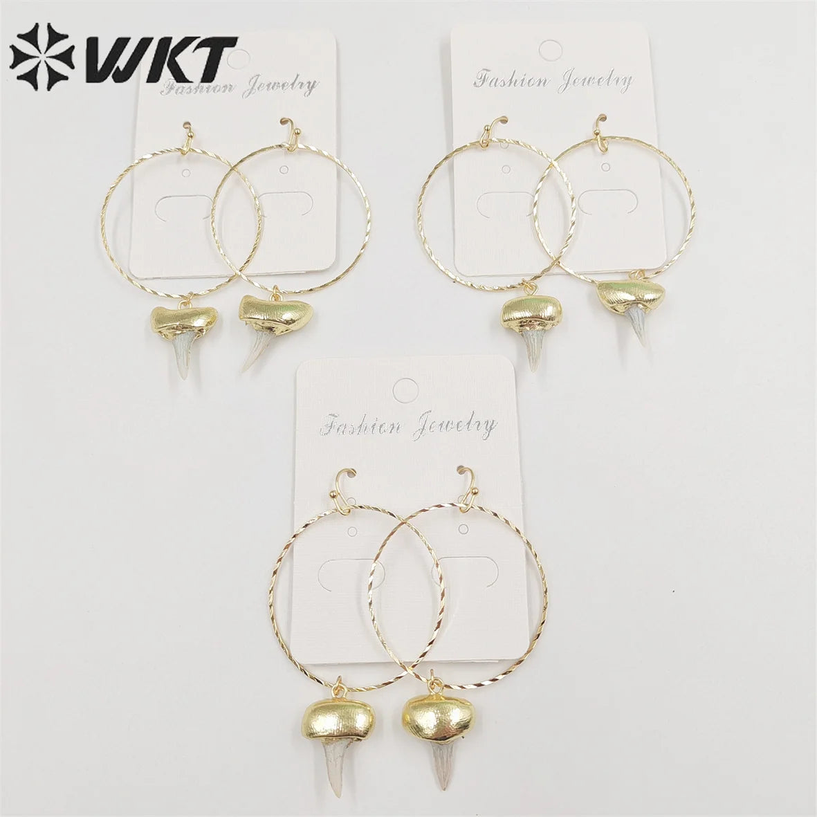 WKT-E676 Fashion Gold Plated Specimen Teeth Earrings Women Unique Big Hoop Dangle Shark Tooth Earrings