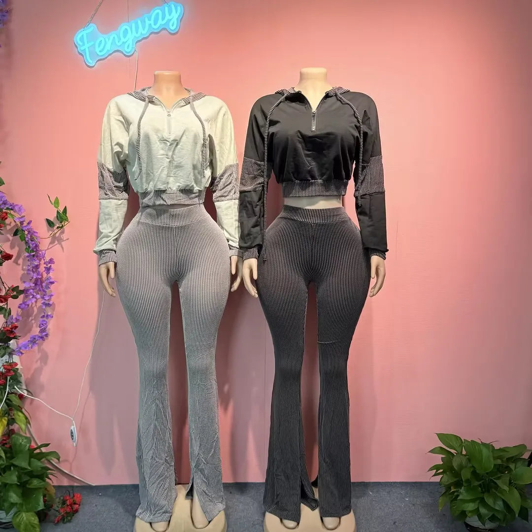 2026 New Arrivals Elastic Twisted Strip High Waisted Zipper Long Sleeve Hoodie Jacket Match Flare Pants Tracksuit Sets for Women