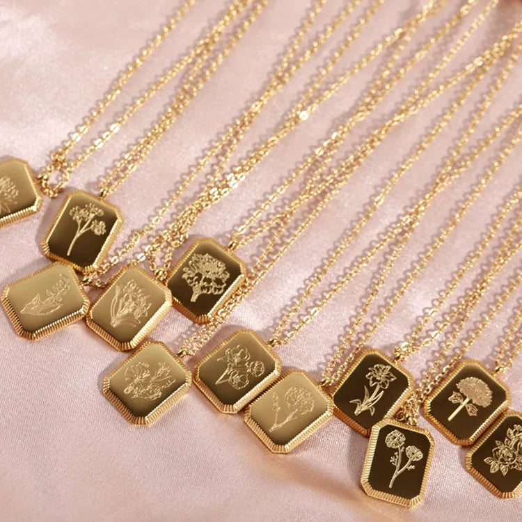 NS1233 Dainty18K IP Gold Plated Stainless Steel Stamped Birth Month Flower Bouquet Rectangle Medal Necklace for Women