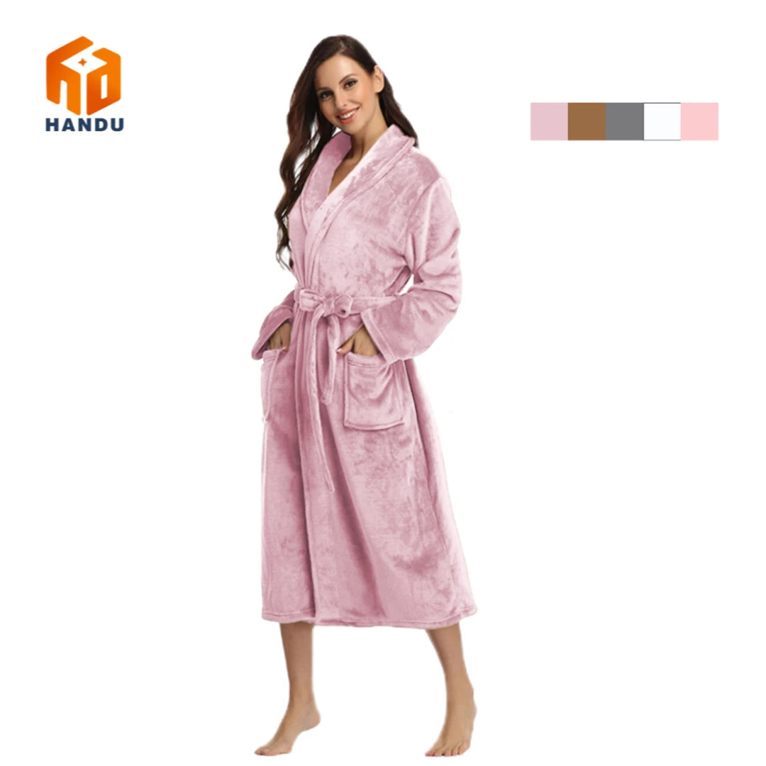Luxury Women's XL Flannel Bathrobe Solid Pattern Long Hooded Nightgown Thicken Terry Knitted Fabric Autumn Winter Sleepwear ODM