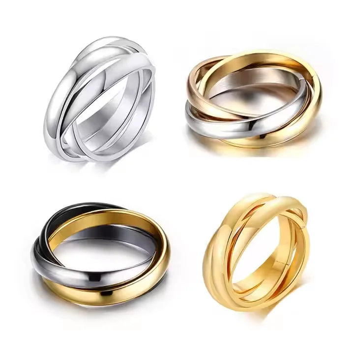 2MM Engraved Logo Stainless Steel Three Rolling Finger Rings Triple Interlocking Rings Trendy Best Friend Gift