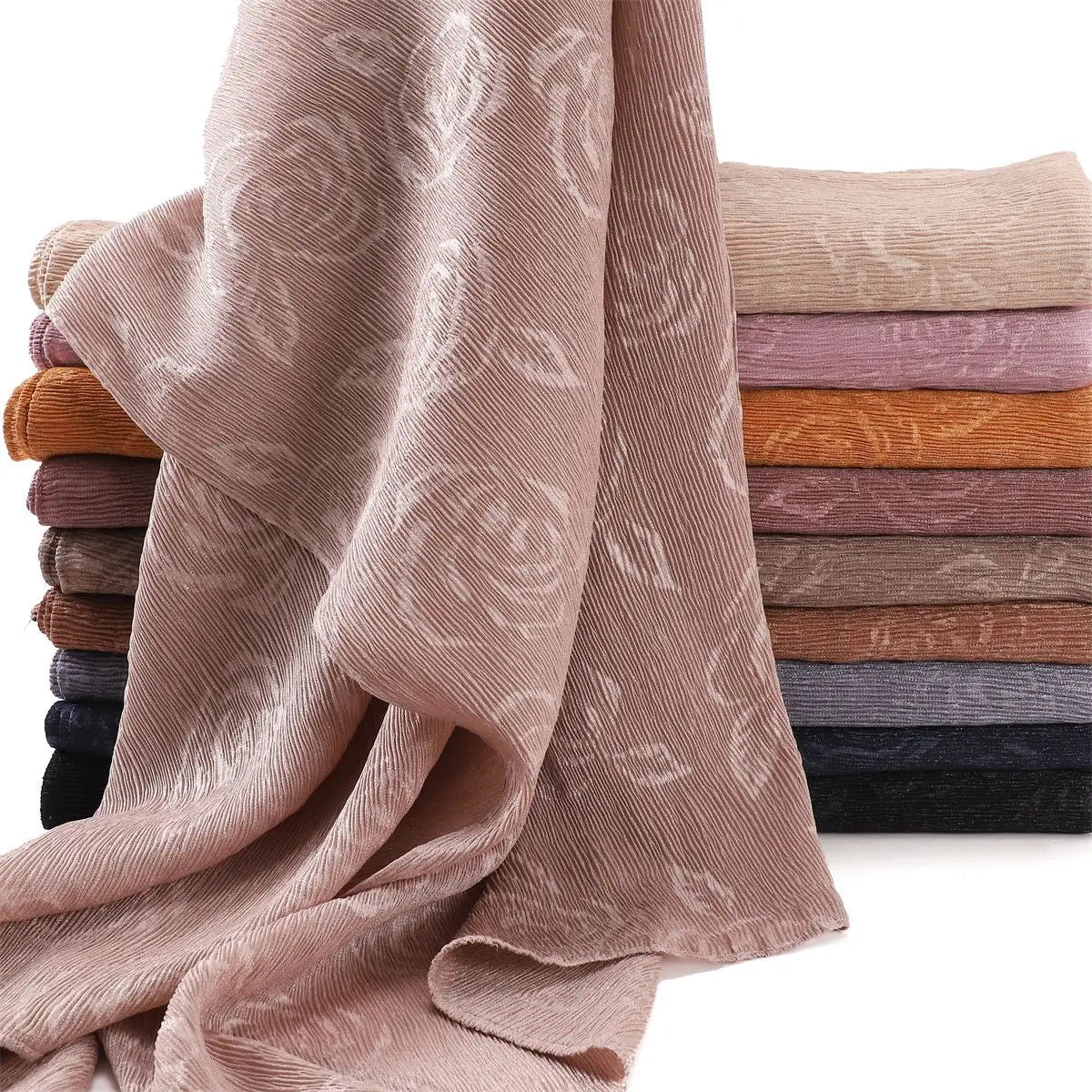 New Solid Long Silk Scarf Thin Breathable Embossed Rose Design Shining Crease Fold Adult Size Polyester Headcover Shawl