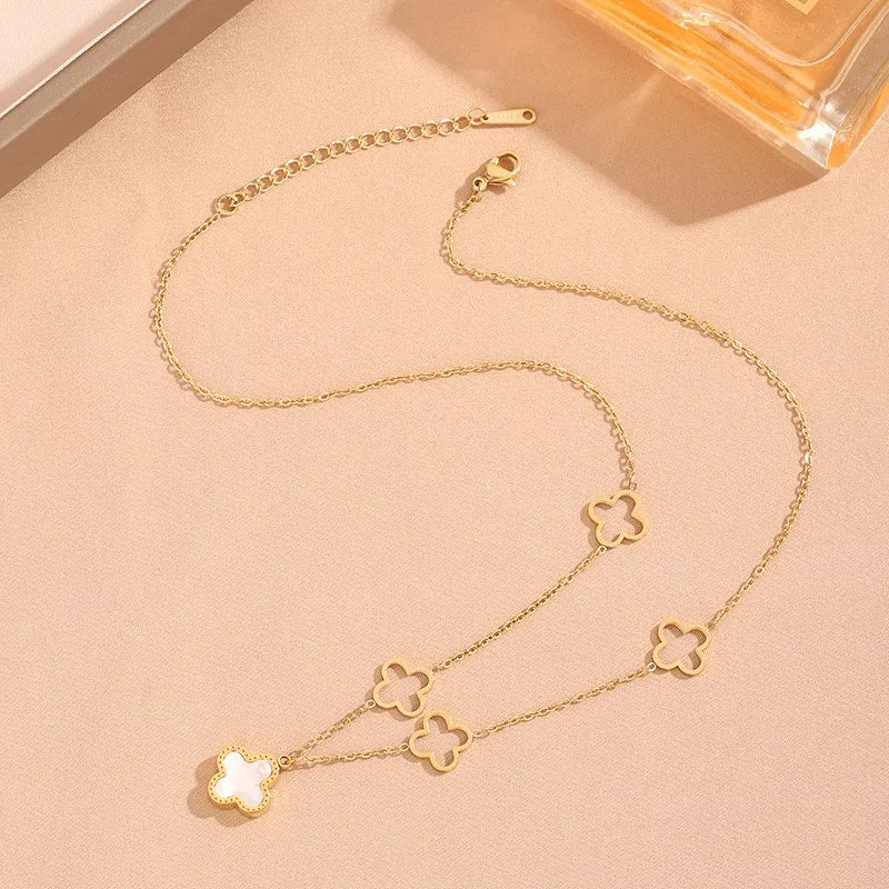 2024 Women Girls Fashion Stainless Steel Jewelry Waterproof Black White Double Side 4 Leaf Clover Necklace