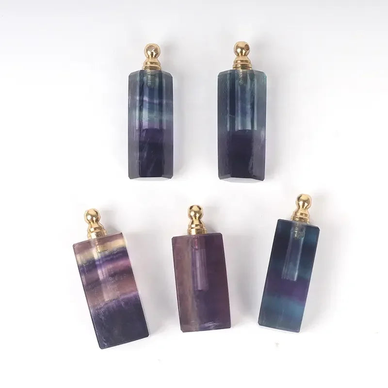 Healing Natural Gemstone Perfume Bottle Pendant Faceted Point Real Citrine Rainbow Fluorite Clear Quartz Car Hanging Fragrance