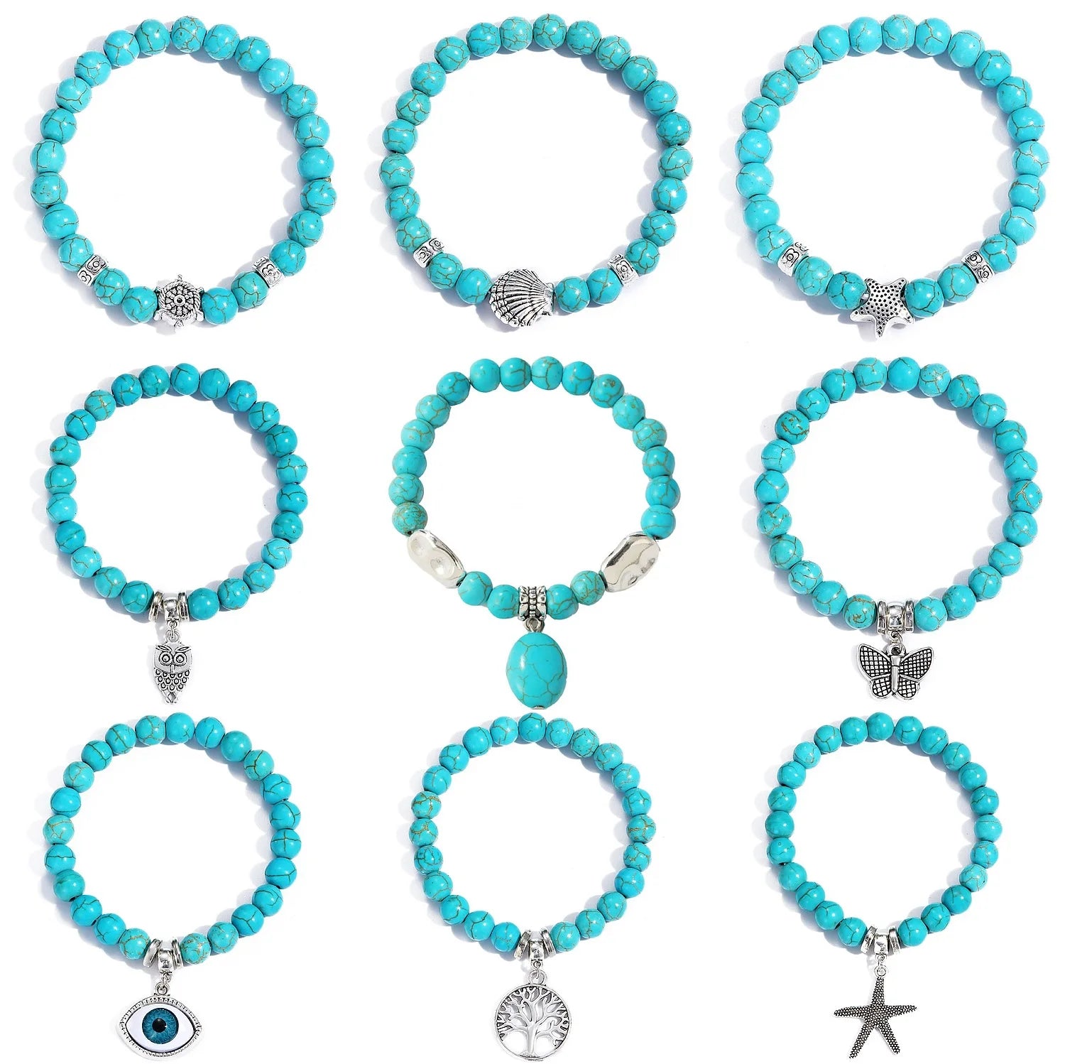 Handmade Natural Stone Elastic Stretch Bracelet 8mm Turquoise Evil Eye Life Tree Bracelets