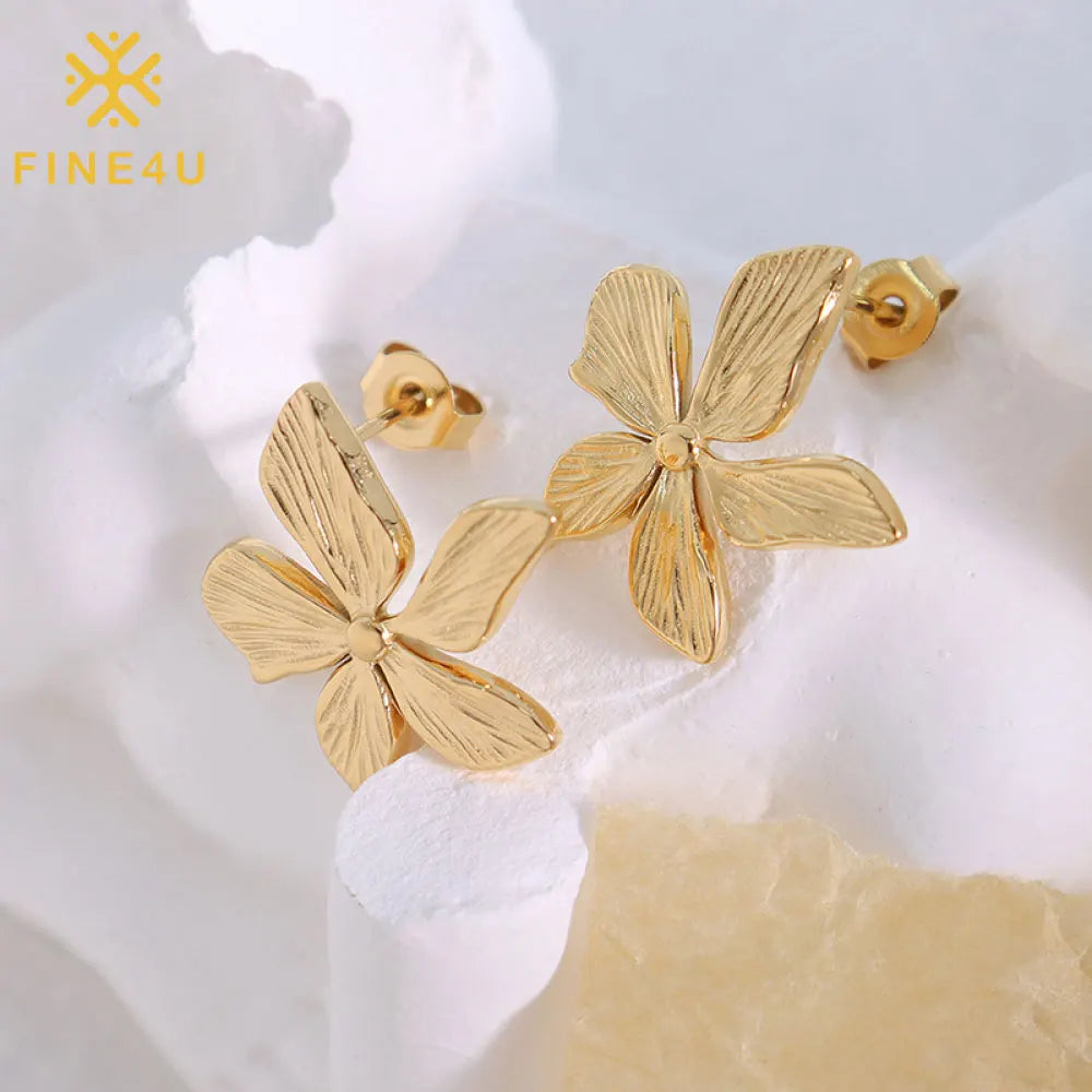Fashionable Elegant Ladies Joyeria De Acero Inoxidable 2024 Gold Plated Embossed Petal Flower Earrings Stud