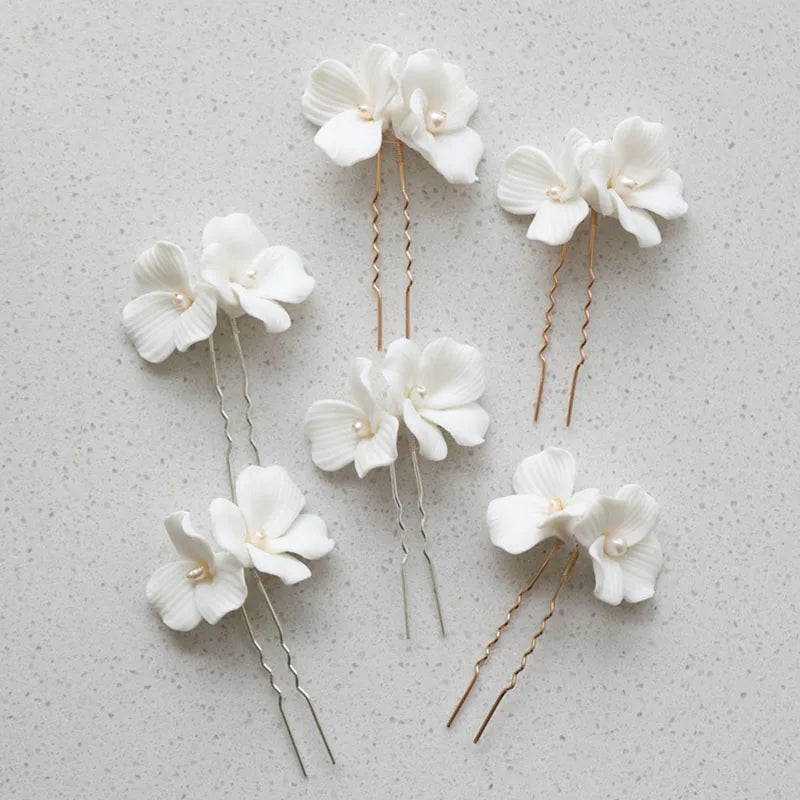 SLBRIDAL Handmade Ceramic Flower Freshwater Pearls Bridal Hair Pins Earrings Set Wedding Hair Accessories Women Hair Jewelry