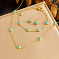 Vintage Exquisite Blue Turquoise Necklace Bracelet Round Earrings Fashion Stainless Steel Jewelry Set for Women