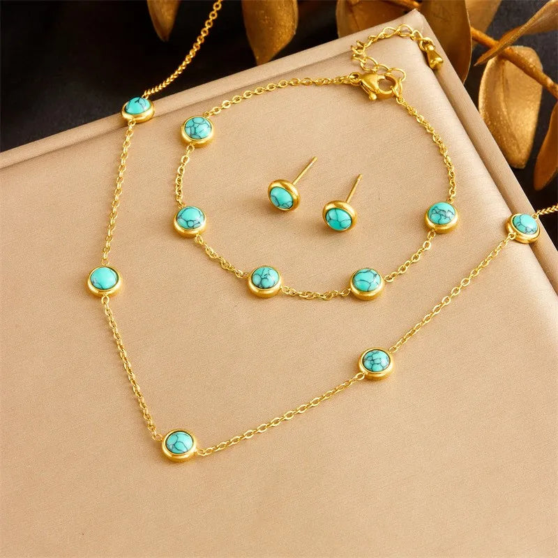 Vintage Exquisite Blue Turquoise Necklace Bracelet Round Earrings Fashion Stainless Steel Jewelry Set for Women