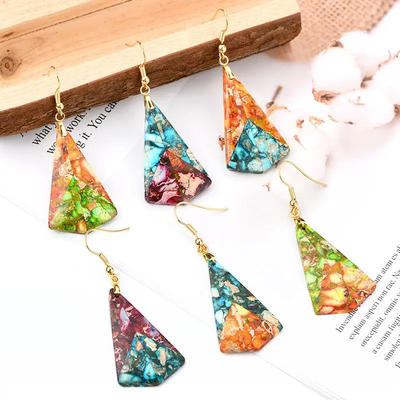 Hawaii Beach Jewelry Sediment Stone Geometry Earring Stainless Steel Earrings with 18k Gold Plated Gems Jewelry Chakra Earing