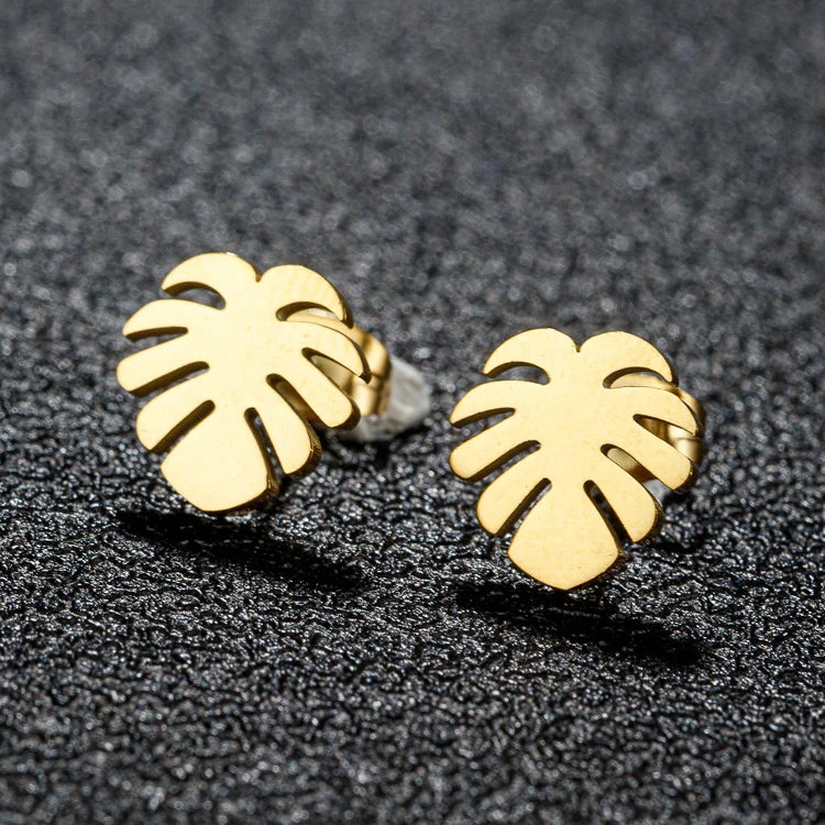 Fashion 18K Gold Silver Plated Stainless Steel Small Monstera Palm Leaf Women Stud Earrings Jewelry