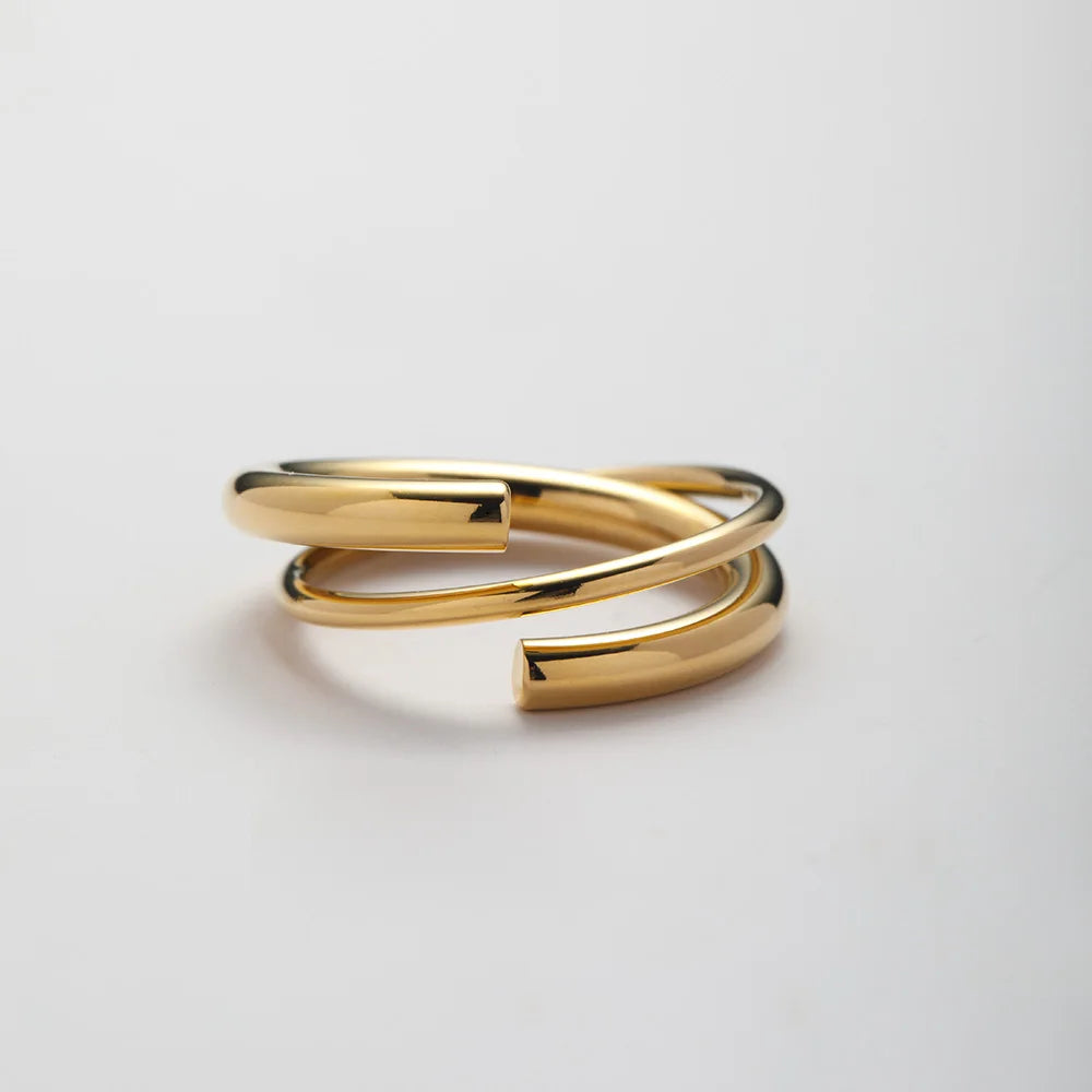 Fashion Charm Jewelry 18K Gold Plated Stainless Steel Round Lines Double Layer Cross Rings Non Tarnish Rings  YF5022