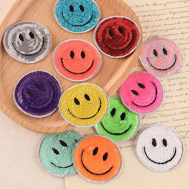 Fancy Style Iron on Colorful Smile Face logo Sequin Patches for Shirt