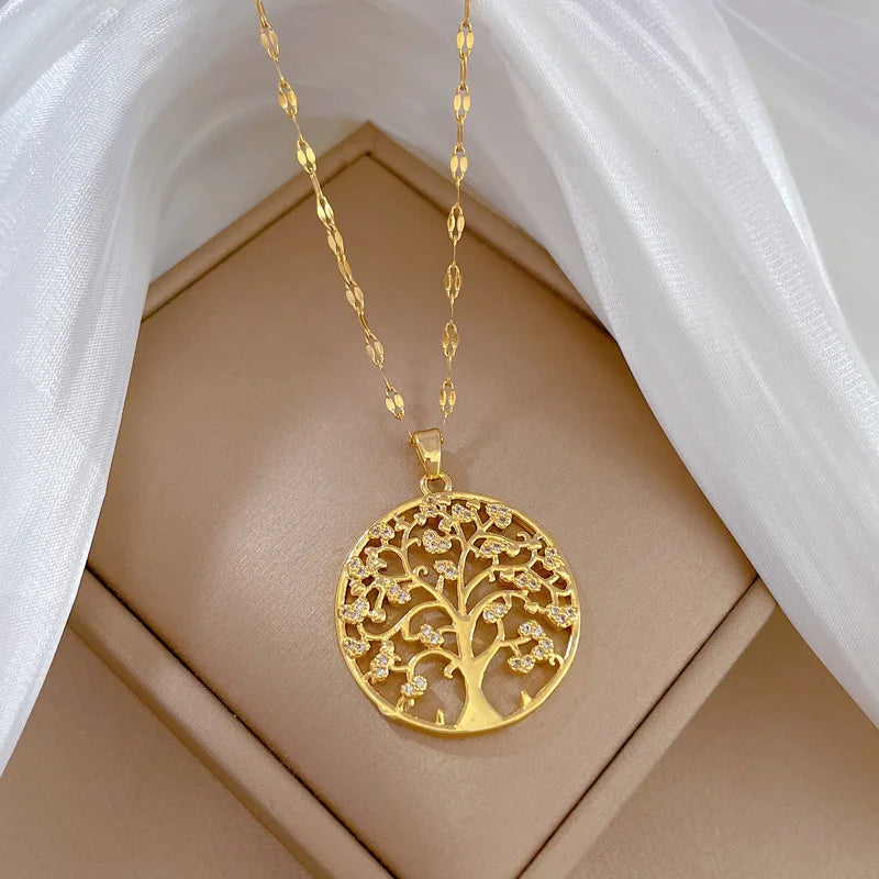 Stainless Steel Necklace Hot Tree of Life Round Pendant Necklaces Bijoux Collier Elegant Women Girl Jewelry Gifts