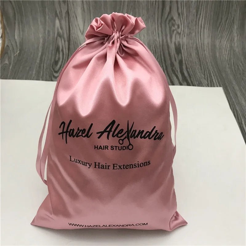 Rose Gold Silk Drawstring Bag Satin Hair Bags for Hair Bundles and Wigs Packaging