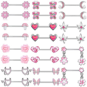 New Medical Steel Pink Flowers Heart-Shaped Nipple Piercing Jewelry Stainless Steel Nipple Rings with Zircon Stones for Women