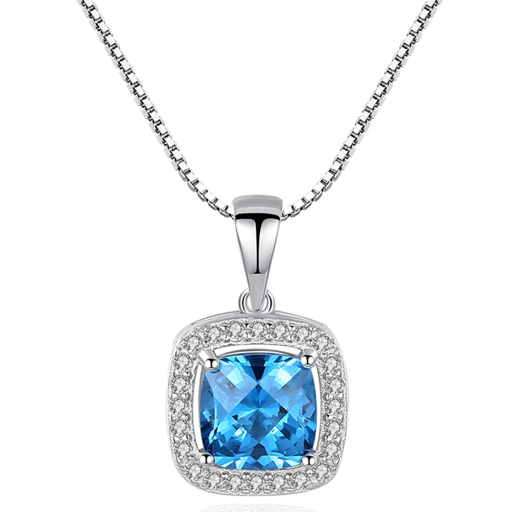 Daidan Necklace Gold Plated Zircon Elegant Women Blue Stone Square Pendant Sterling Silver Necklace
