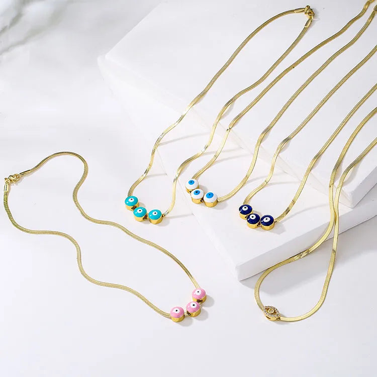 NM1264 Fashion 18k Gold Plated Enamel Multicolored Evil Eyes Stainless Steel Snake Herringbone Choker Necklace for Ladies