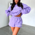 Women Fall Clothing 2025 Custom logo Shorts Tracksuit Women Wholesale Hoodie and Shorts Set purple Two Piece Short Set