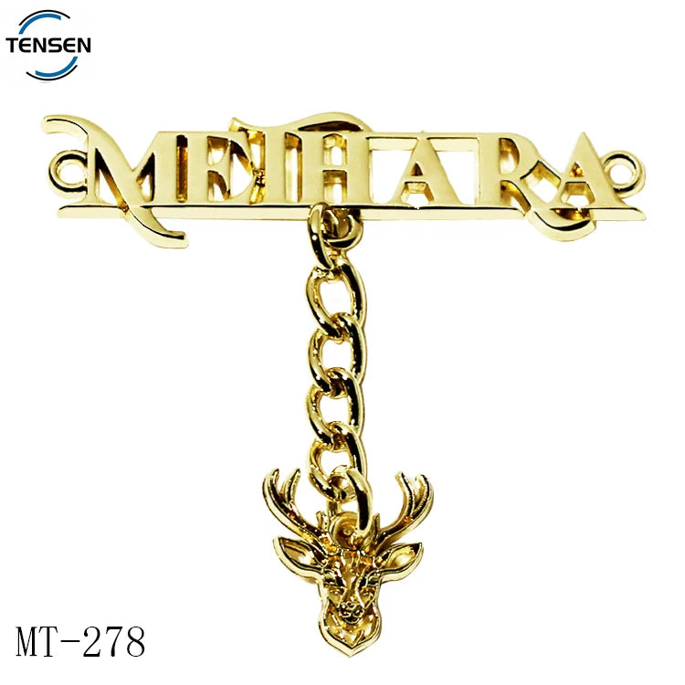 Custom Fashion Gold Letter Logos Maker Zinc Alloy Shoelace Metal 2 Holes Tags Sewing Handbags Brand Label Plate for Bikini