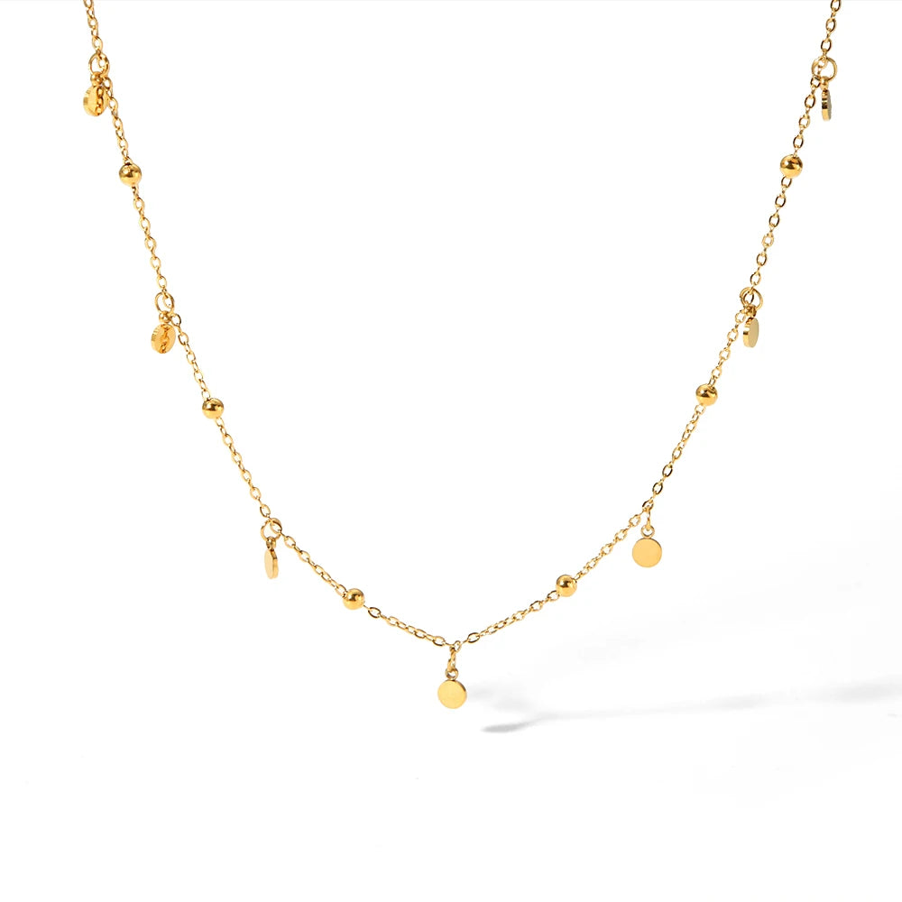 Vintage Metal Steel 18K Gold Plated Minimalist Beaded Circle Charms Disc Chain Necklace for Women
