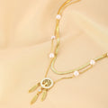 Latest Fashion Double Layer Snake Chain Stainless Steel Necklace Gold Plated Tree of Life Pendent Feather Tassel Pearl Necklace