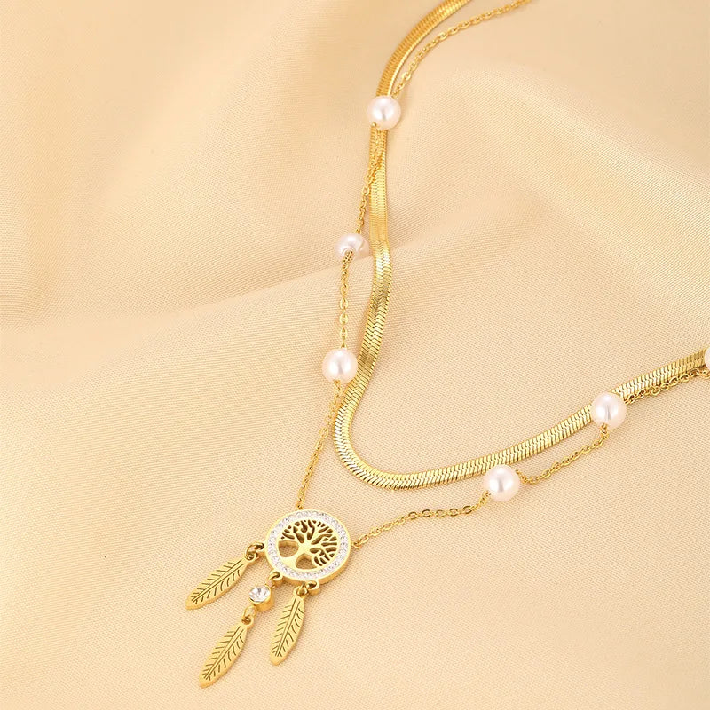 Latest Fashion Double Layer Snake Chain Stainless Steel Necklace Gold Plated Tree of Life Pendent Feather Tassel Pearl Necklace