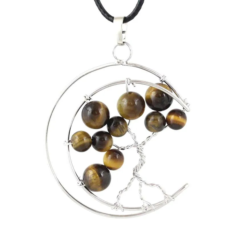 HZ Wire Wrapped Tree of Life Tiger-eye Stones Round Shaped Drop Hoop Pendant for Gifts Healing Crystals Jewelry