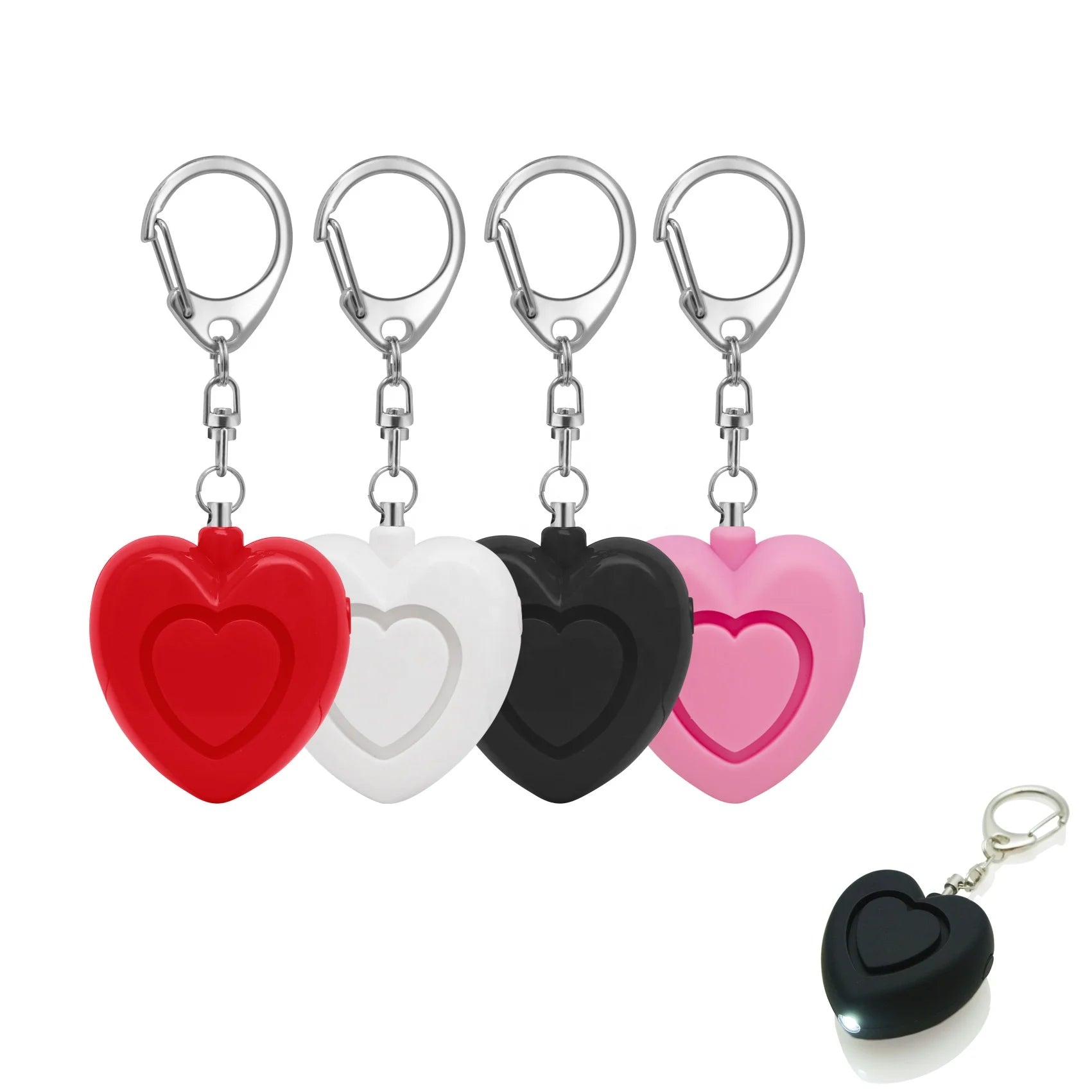 Wholesale Women 130DB Heart Shaped Sound Alarm Self Defense Keychain Safety Products Heart Alarm Keychain with LED Light