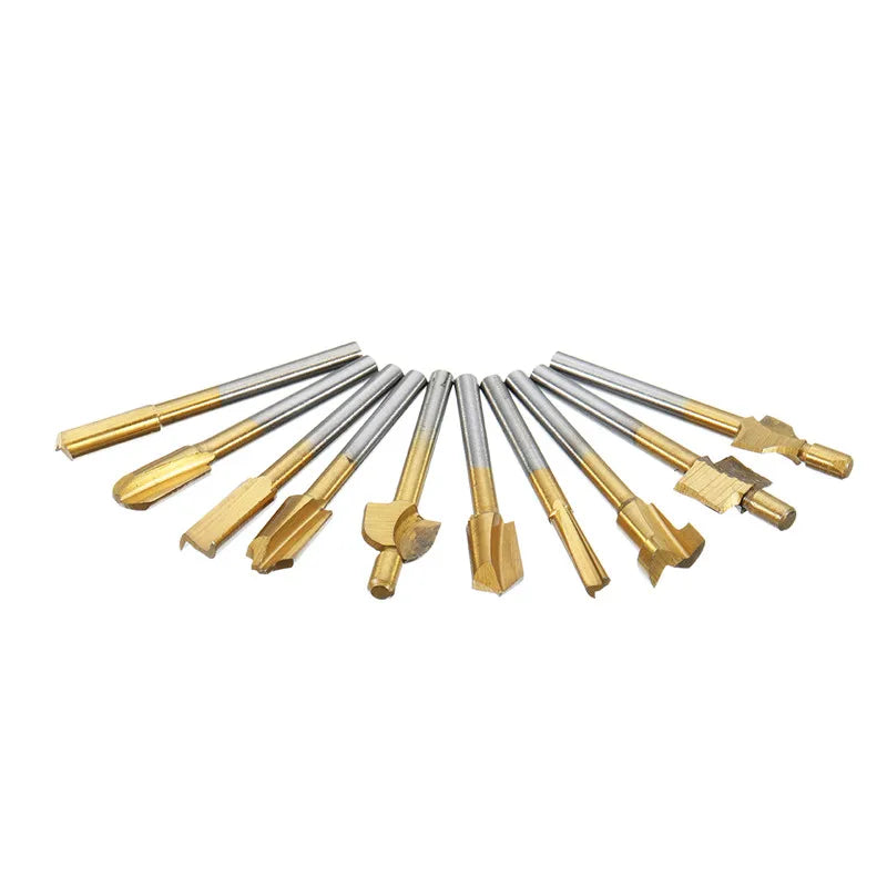 10pcs 1/8" HSS Zinc Finish Wood Router Bits 3mm 10mm Length Carpenter Tools Dremel Rotary Set Milling
