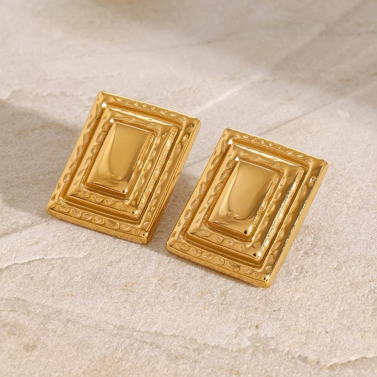 New 18K Gold Stainless Steel Earring Statement Jewelry Retro Rectangular Three-Layer Earrings