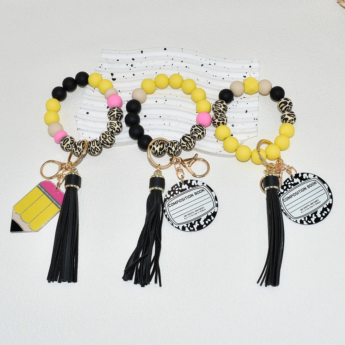 Classic Stretch Wristlet and Composition Notebook Keychain Eco-Friendly Silicone Pencil with Leopard Beads Teacher Gifts