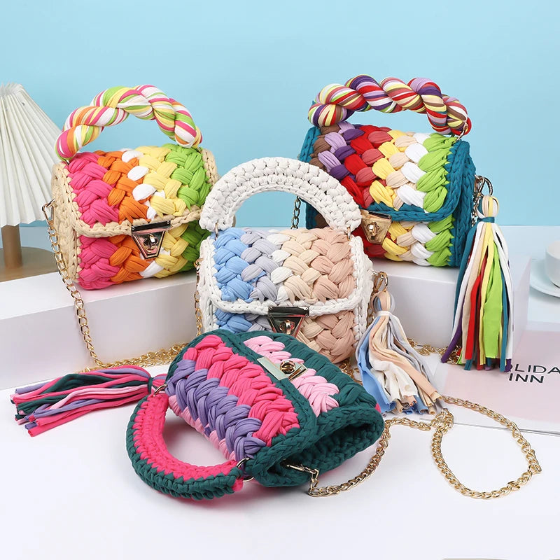 2024 Crochet Shoulder Bag Handwoven Crochet Bag With Tassel T Shirt Yarn Handbag Custom Hand Knitted Crochet Handbags