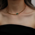 Stainless Steel 18K Gold Plated Vintage Green Emerald CZ Charm Creative Asymmetric Cuban Chain Choker Necklaces for Women